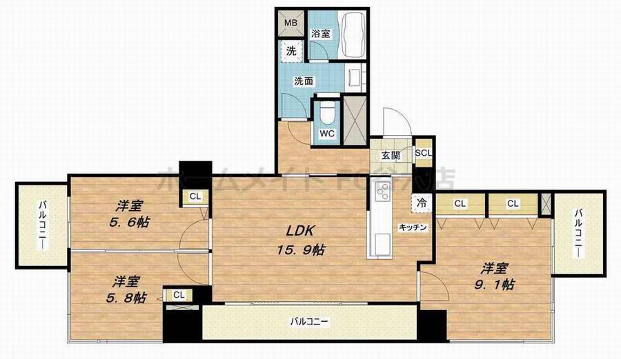 クロスレジデンス大阪新町(3LDK/22階)の間取り写真
