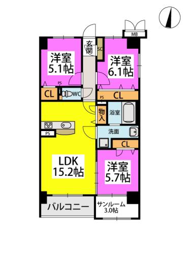 VEGALIGHT別府(3LDK/6階)の間取り写真