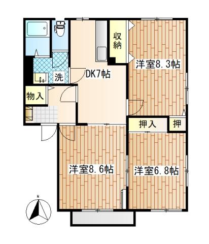 フェリスコートM N棟(3DK/2階)の間取り写真