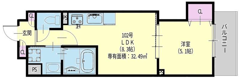 クリエオーレ新堂1(1LDK/1階)の間取り写真