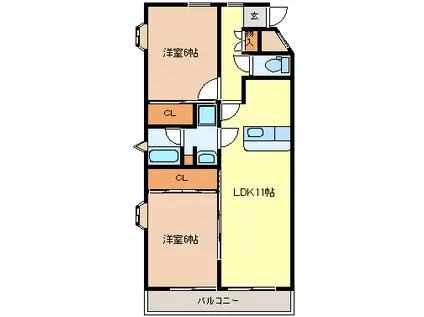 シャングリラ高松(2LDK/1階)の間取り写真