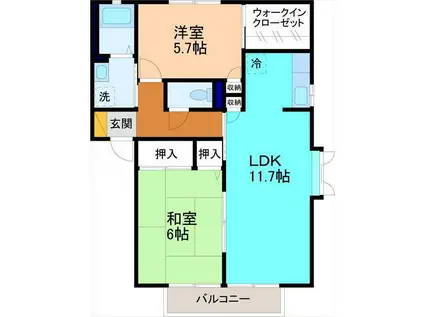 ユニヴェルソB棟(2LDK/2階)の間取り写真