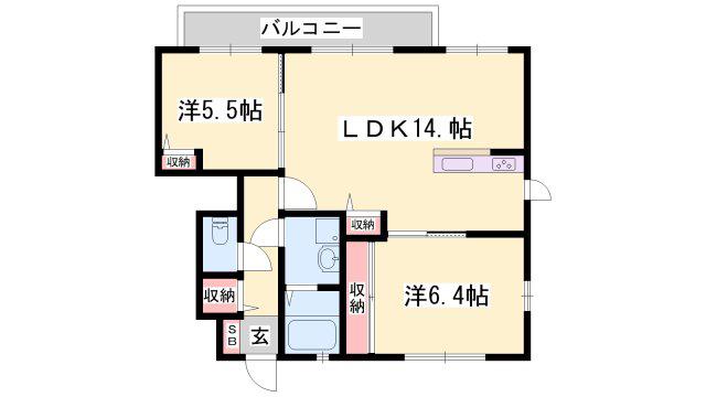 アパーゼ英賀ボヌール英賀(2LDK/1階)の間取り写真