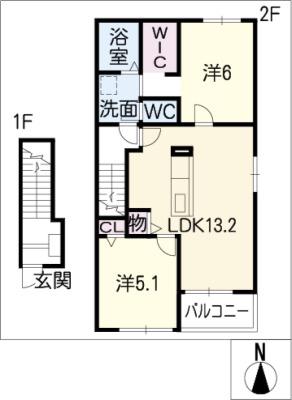 リバーサイド ジェルメI(2LDK/2階)の間取り写真