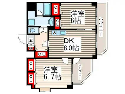 東京メトロ東西線 西葛西駅 徒歩18分 8階建 築24年(2DK/3階)の間取り写真