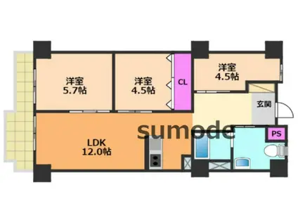 茨木グランドハイツ(3LDK/4階)の間取り写真