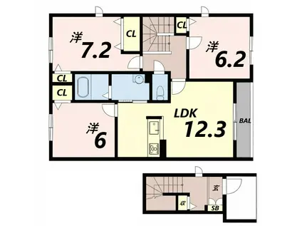 モンノールB(3LDK/2階)の間取り写真