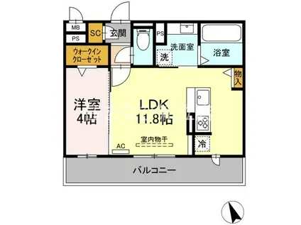 D-スクエア牛田(1LDK/2階)の間取り写真