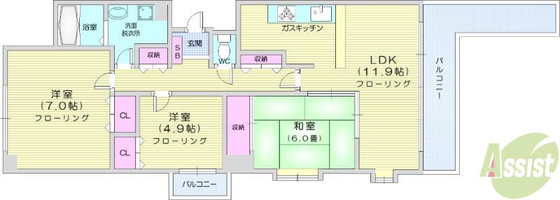 Kコーポ八乙女(3LDK/5階)の間取り写真