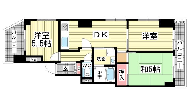 ライオンズマンション六甲道第5(3DK/2階)の間取り写真