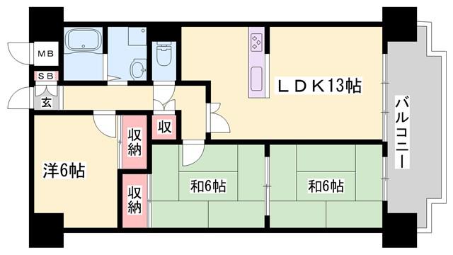 ＪＲ播但線 京口駅 徒歩8分 7階建 築41年(3LDK/3階)の間取り写真