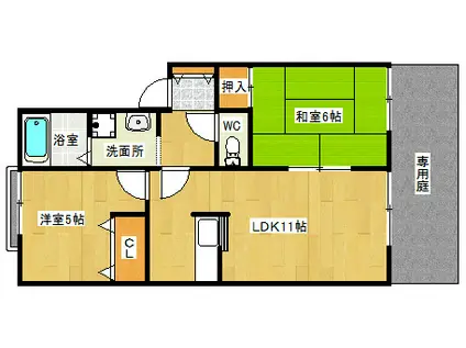 新栄プロパティ恩智III 旧パークハイツたつみ(2LDK/1階)の間取り写真