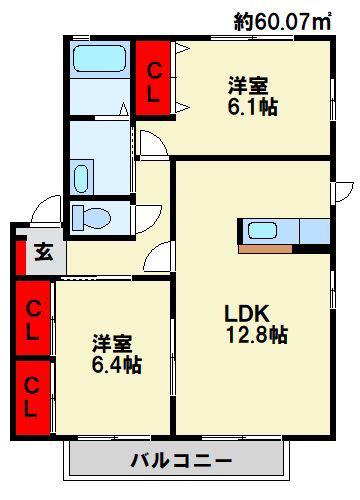 咲ら坂D棟(2LDK/2階)の間取り写真