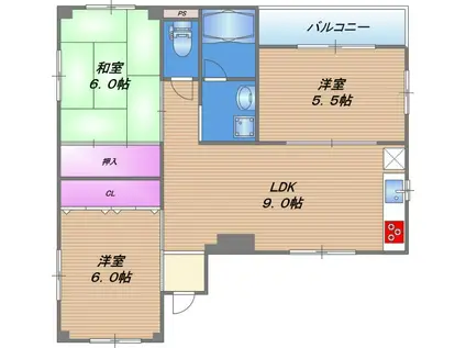 サンライフ浅野(3LDK/3階)の間取り写真