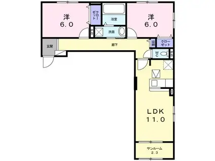 イースト・カーサC(2LDK/1階)の間取り写真