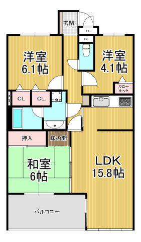 宝塚ガーデンヴィレッジD1棟(3LDK/2階)の間取り写真