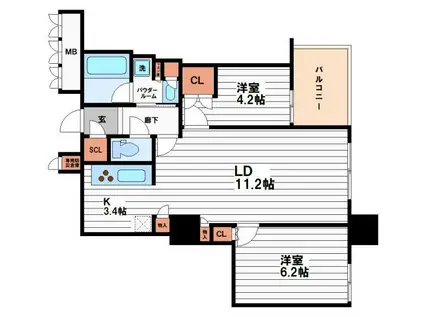 ブランズタワー大阪本町(2LDK/29階)の間取り写真