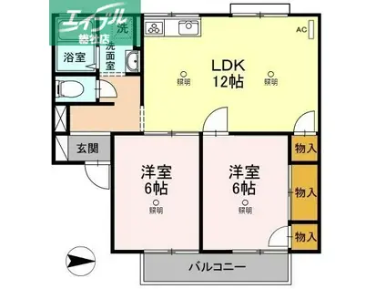キャッスル平田 B棟(2LDK/1階)の間取り写真