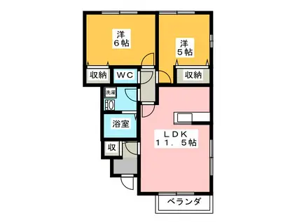 フリアンB棟(2LDK/1階)の間取り写真