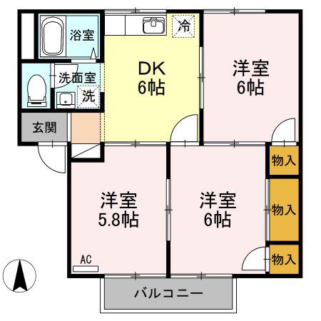 ルミエール22B棟(3DK/2階)の間取り写真