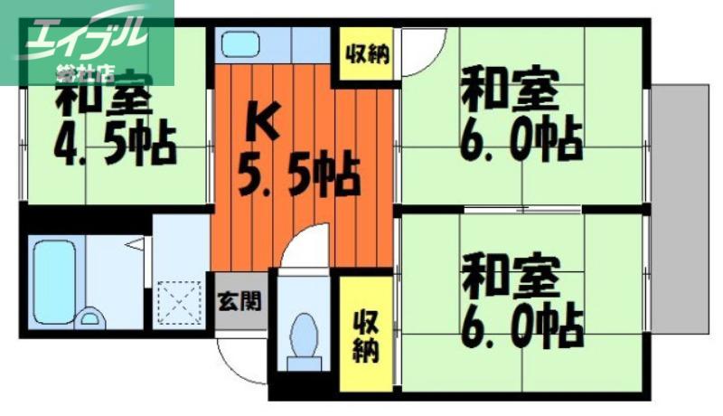 プレジール三宅 B棟(3K/1階)の間取り写真