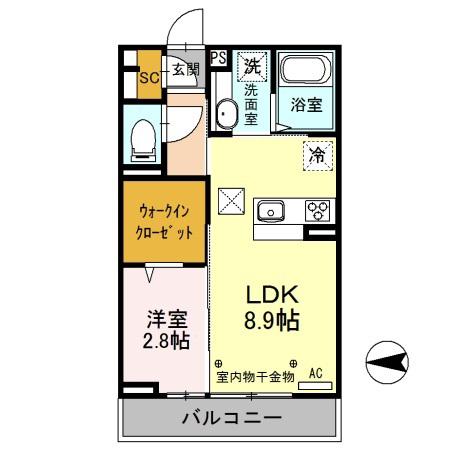 グランノール渚 W棟(1LDK/1階)の間取り写真
