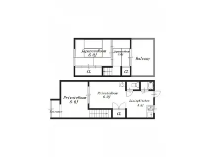 近鉄吉野線 飛鳥駅 徒歩5分 2階建 築43年(3LDK/1階)の間取り写真