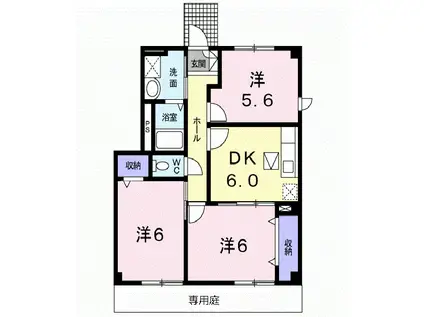 シェル・フルーヴB(2LDK/1階)の間取り写真