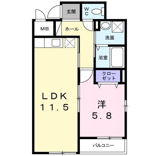 フルー リール(1LDK/1階)の間取り写真