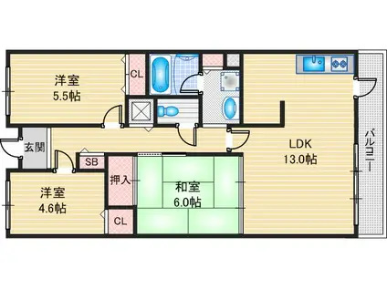 アーク茨木(3LDK/6階)の間取り写真