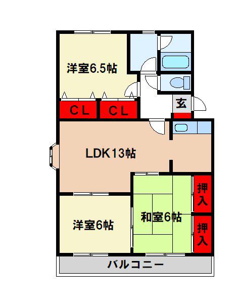 ロイヤルハイツ天拝坂参番館(3LDK/2階)の間取り写真
