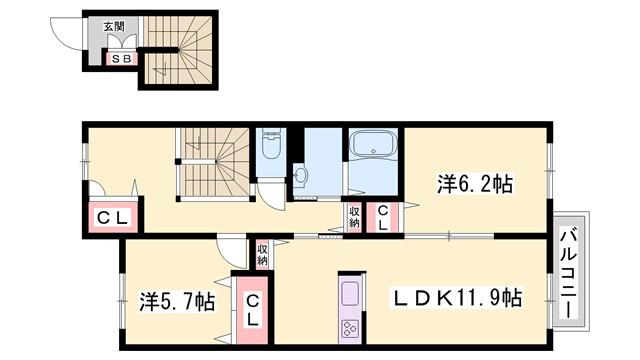 シャンティ夢前B(2LDK/2階)の間取り写真