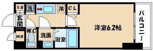 プレサンスタワー北浜(1K/2階)の間取り写真