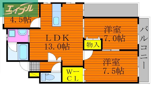 ラクール庭瀬(2SLDK/2階)の間取り写真