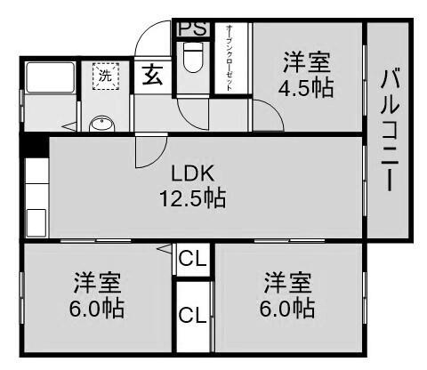 高倉第12団地61号棟(3LDK/4階)の間取り写真