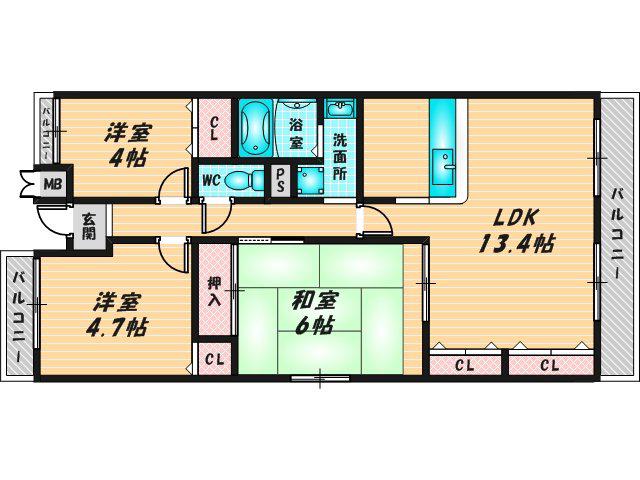 パルテール中小阪(3LDK/3階)の間取り写真