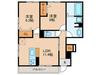 ソレイユ嵯峨野(2LDK/1階)の間取り写真