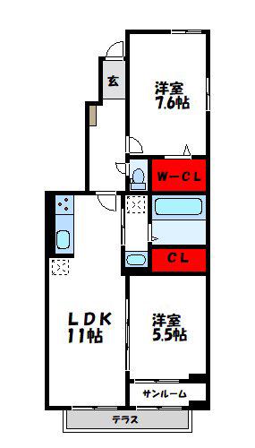 ロータス水巻I(2LDK/1階)の間取り写真