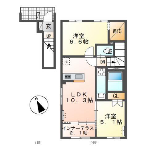 夜臼6丁目アパート(2LDK/2階)の間取り写真