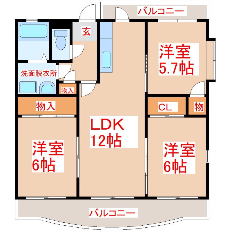 グランウェル滝ノ下(3LDK/3階)の間取り写真