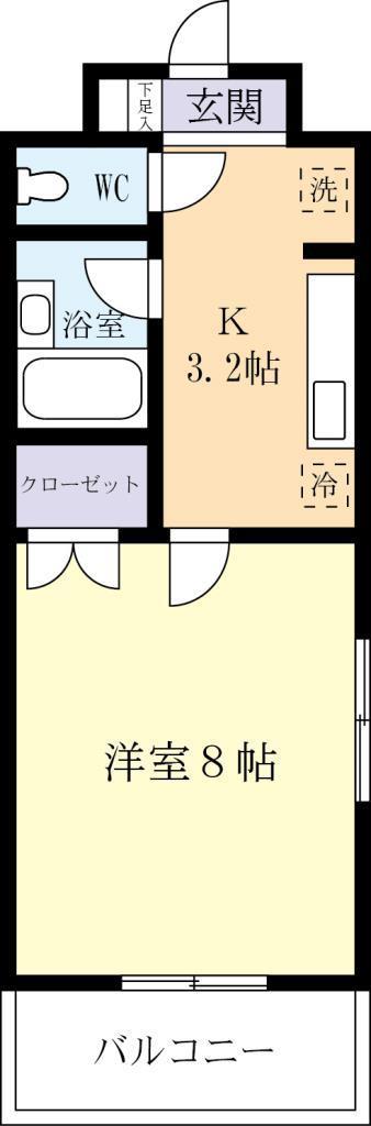 スカイヒルズやまのい(1K/2階)の間取り写真