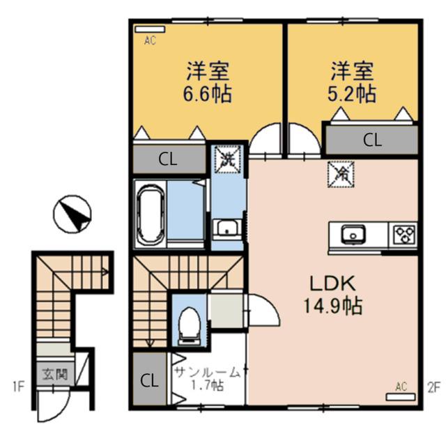 カルムコート 西棟(2SLDK/2階)の間取り写真
