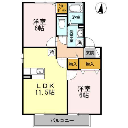 ベルデュールA棟(2LDK/2階)の間取り写真