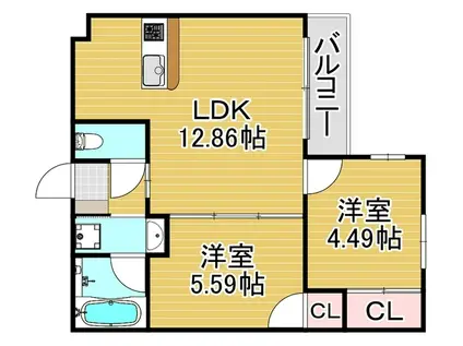 フェリスタ六本松南(2LDK/3階)の間取り写真
