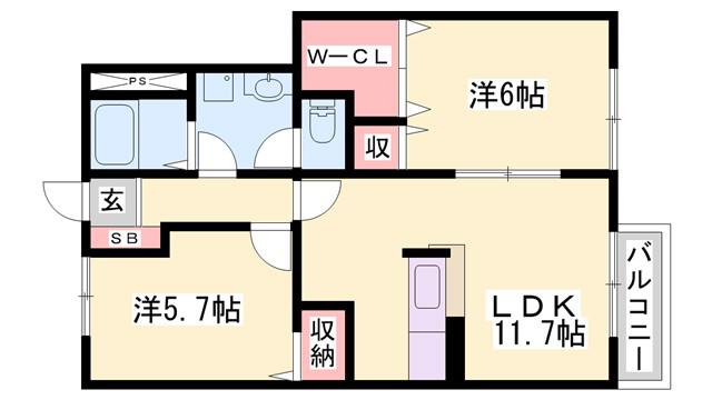 グランドゥールB(2LDK/1階)の間取り写真