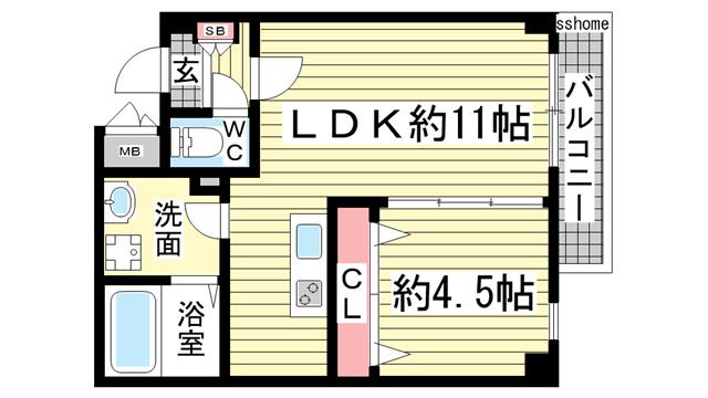 アリビラ六甲(1LDK/2階)の間取り写真