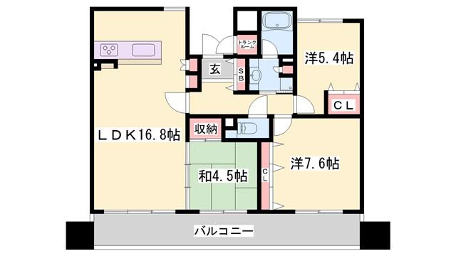 グラジオ城陽ロマネスク703号(3LDK/7階)の間取り写真