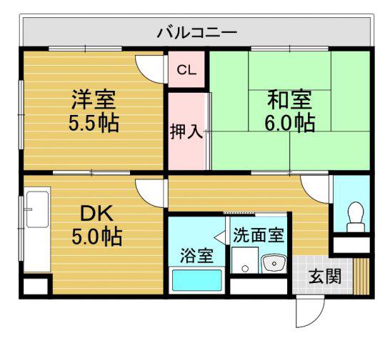 近鉄長野線 喜志駅 徒歩1分 5階建 築35年(2DK/2階)の間取り写真