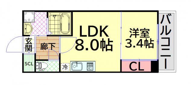 シーズンフラッツ阿波座(1LDK/3階)の間取り写真