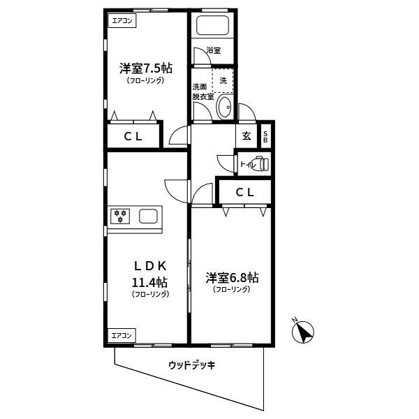 シャトレふれあいの丘(2LDK/1階)の間取り写真